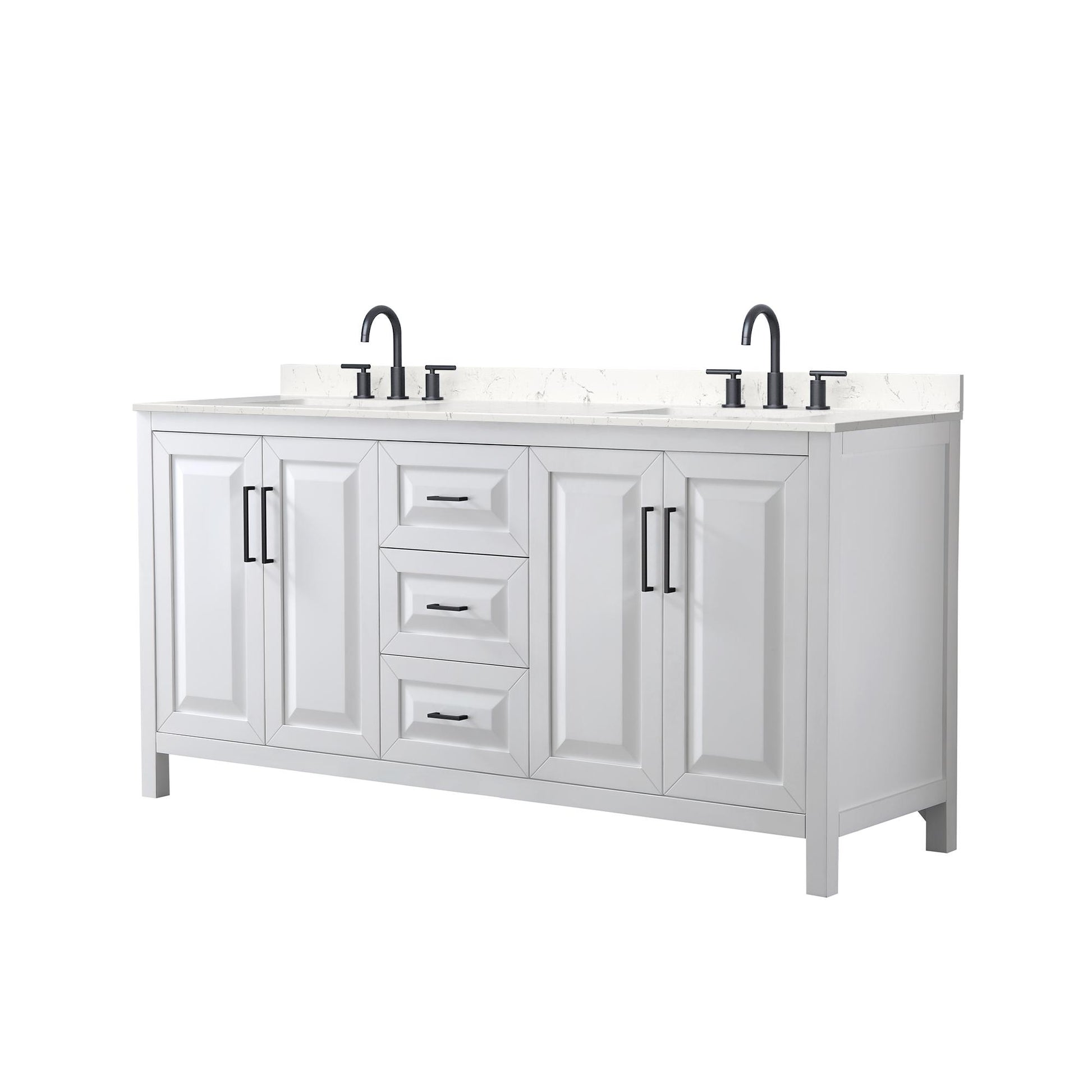 Wyndham Collection Daria 72" Double Bathroom Vanity in White, Carrara Cultured Marble Countertop, Undermount Square Sinks (3-Hole), Matte Black Trim