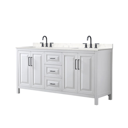 Wyndham Collection Daria 72" Double Bathroom Vanity in White, Carrara Cultured Marble Countertop, Undermount Square Sinks (3-Hole), Matte Black Trim