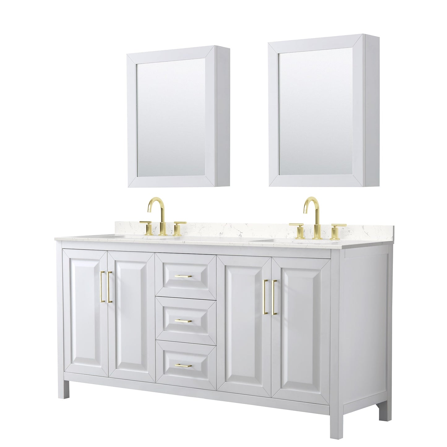 Wyndham Collection Daria 72" Double Bathroom Vanity in White, Carrara Cultured Marble Countertop, Undermount Square Sinks (3-Hole), Medicine Cabinets, Brushed Gold Trim