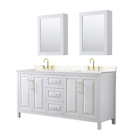 Wyndham Collection Daria 72" Double Bathroom Vanity in White, Carrara Cultured Marble Countertop, Undermount Square Sinks (3-Hole), Medicine Cabinets, Brushed Gold Trim