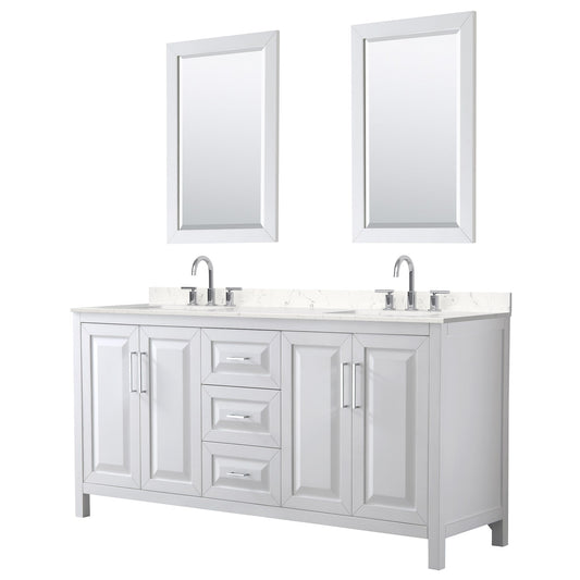 Wyndham Collection Daria 72" Double Bathroom Vanity in White, Carrara Cultured Marble Countertop, Undermount Square Sinks (3-Hole), Polished Chrome Trim, 24" Mirrors