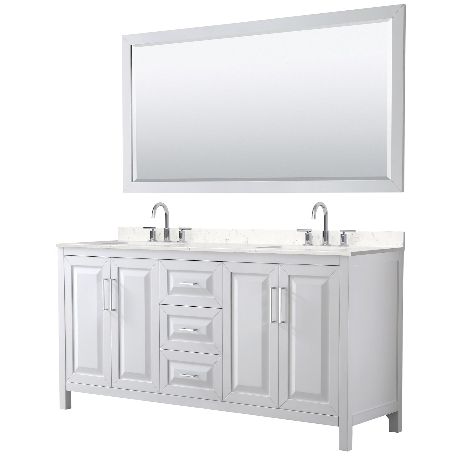 Wyndham Collection Daria 72" Double Bathroom Vanity in White, Carrara Cultured Marble Countertop, Undermount Square Sinks (3-Hole), Polished Chrome Trim, 70" Mirror