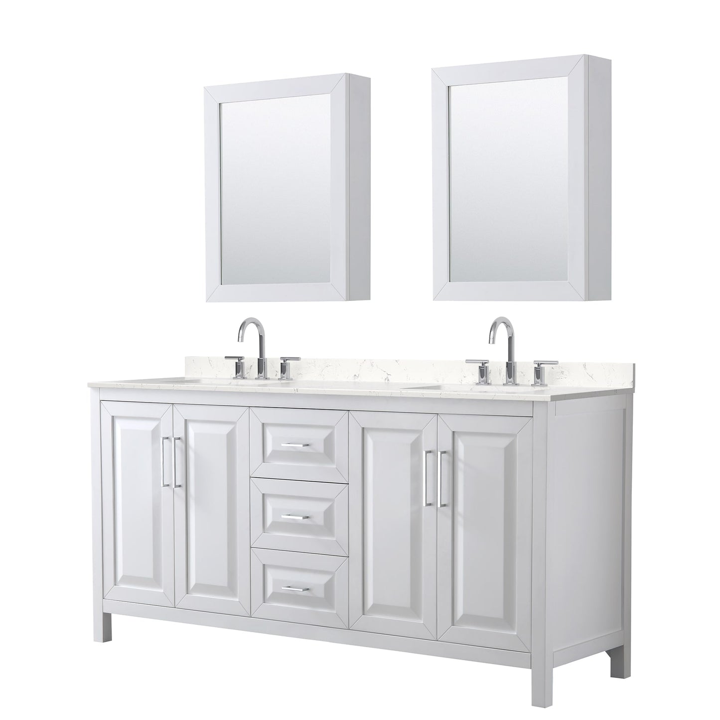 Wyndham Collection Daria 72" Double Bathroom Vanity in White, Carrara Cultured Marble Countertop, Undermount Square Sinks (3-Hole), Polished Chrome Trim, Medicine Cabinets
