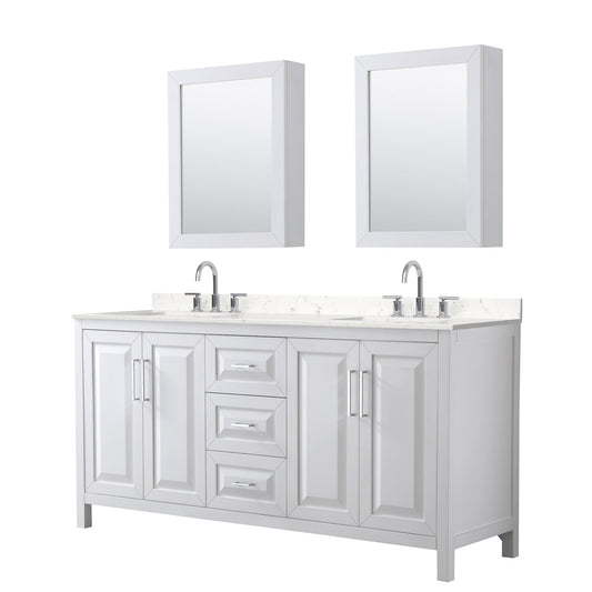 Wyndham Collection Daria 72" Double Bathroom Vanity in White, Carrara Cultured Marble Countertop, Undermount Square Sinks (3-Hole), Polished Chrome Trim, Medicine Cabinets