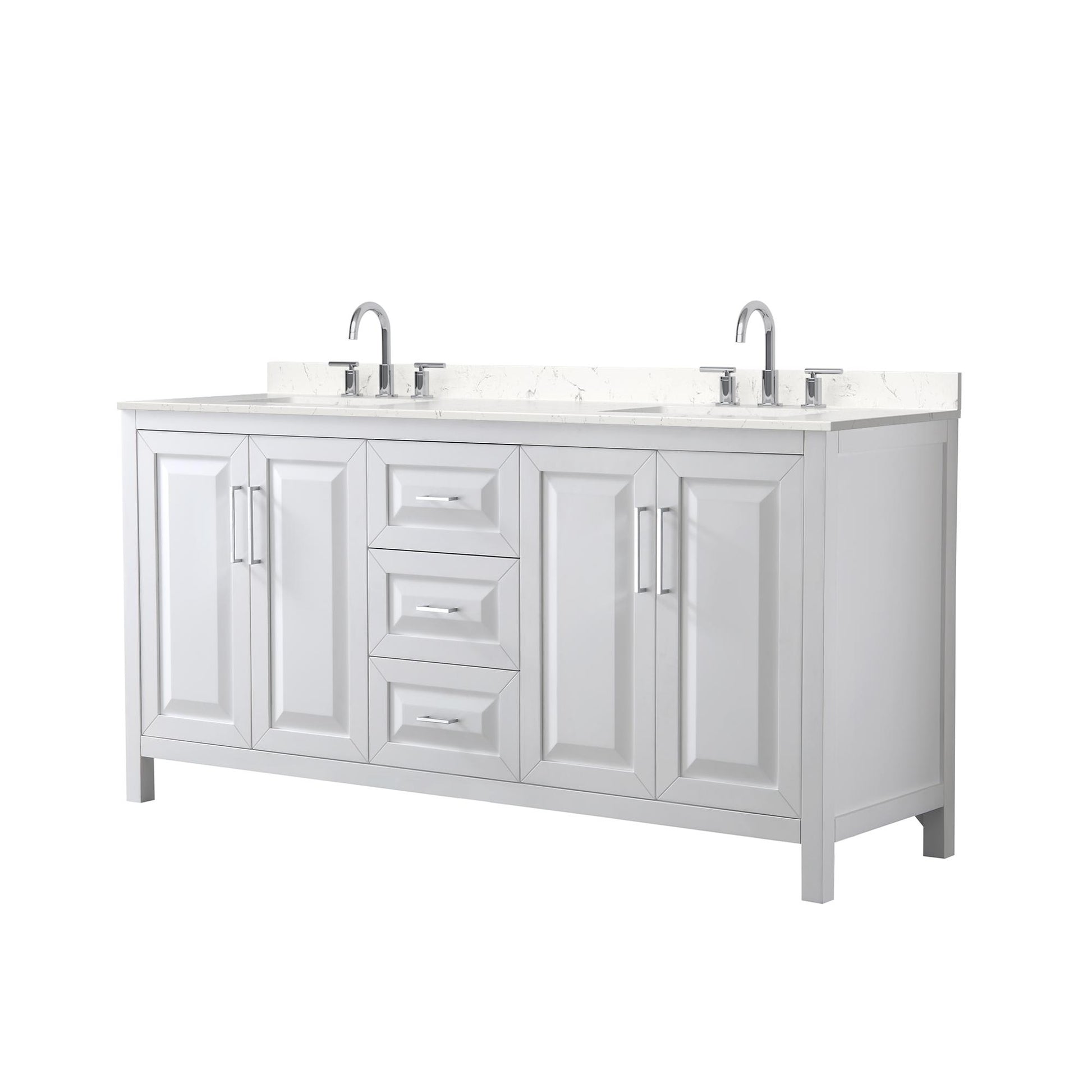 Wyndham Collection Daria 72" Double Bathroom Vanity in White, Carrara Cultured Marble Countertop, Undermount Square Sinks (3-Hole), Polished Chrome Trim