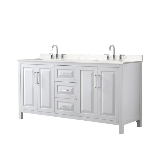 Wyndham Collection Daria 72" Double Bathroom Vanity in White, Carrara Cultured Marble Countertop, Undermount Square Sinks (3-Hole), Polished Chrome Trim