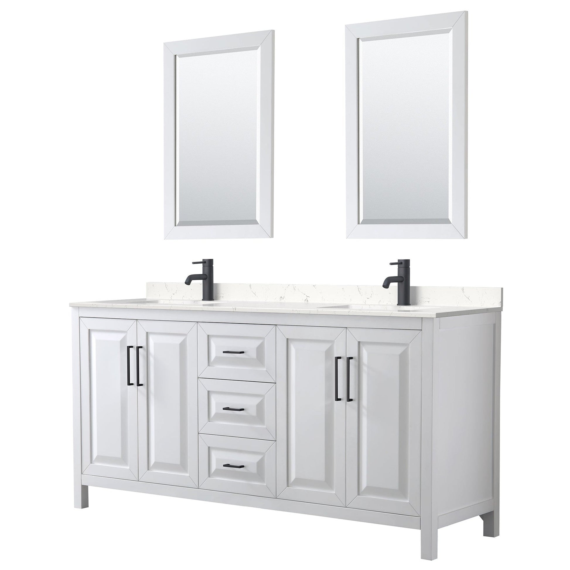 Wyndham Collection Daria 72" Double Bathroom Vanity in White, Carrara Cultured Marble Countertop, Undermount Square Sinks, Matte Black Trim, 24" Mirrors