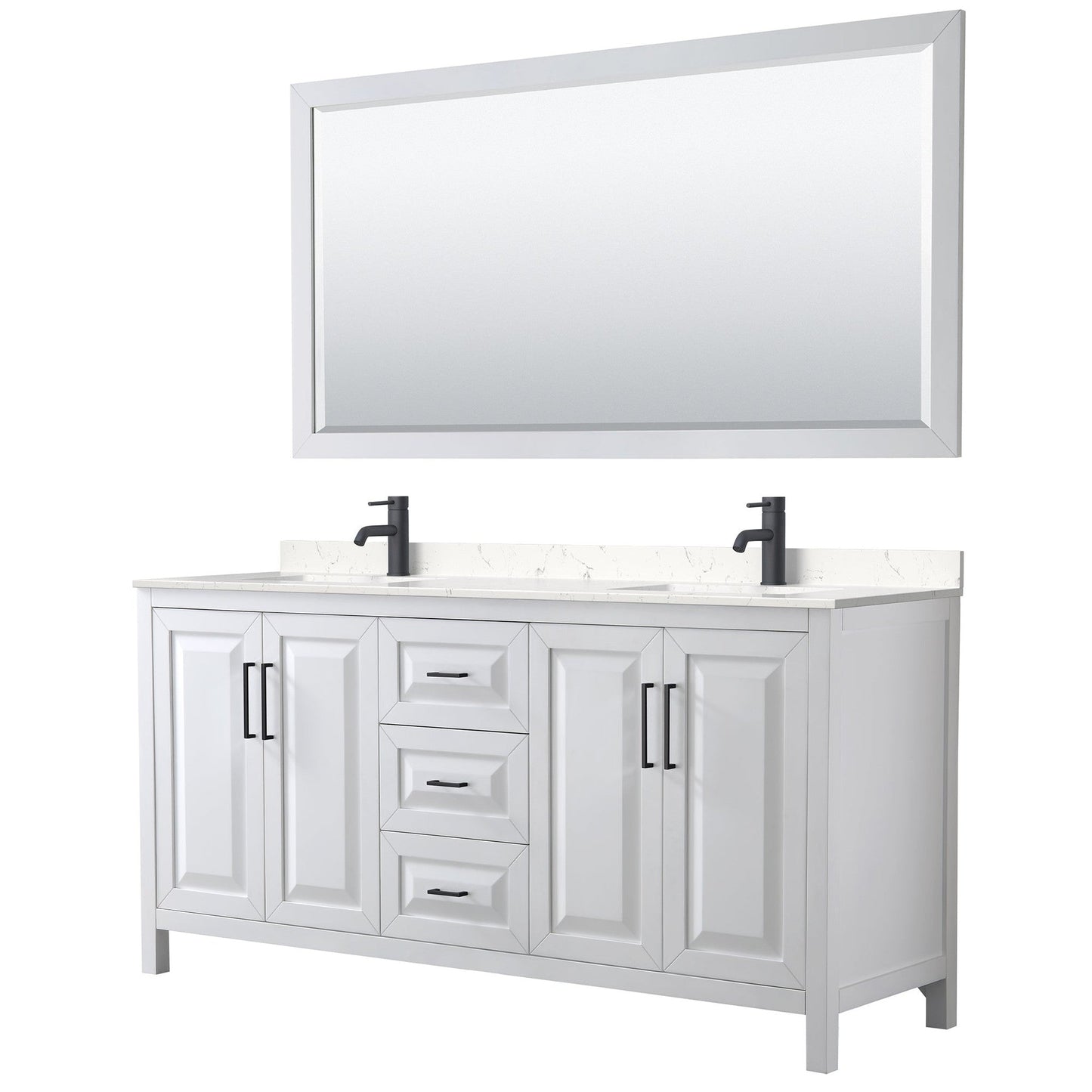 Wyndham Collection Daria 72" Double Bathroom Vanity in White, Carrara Cultured Marble Countertop, Undermount Square Sinks, Matte Black Trim, 70" Mirror