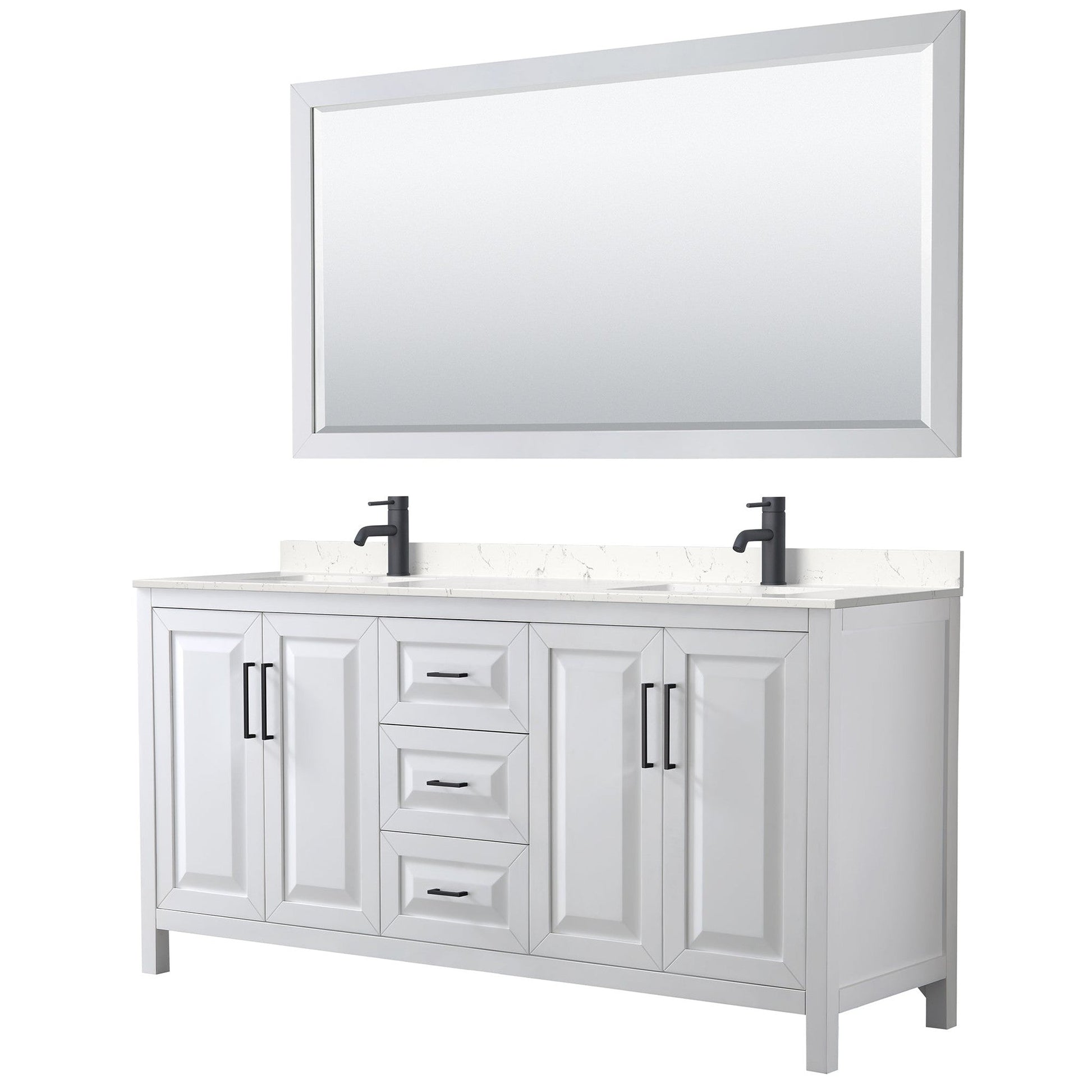 Wyndham Collection Daria 72" Double Bathroom Vanity in White, Carrara Cultured Marble Countertop, Undermount Square Sinks, Matte Black Trim, 70" Mirror