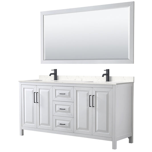 Wyndham Collection Daria 72" Double Bathroom Vanity in White, Carrara Cultured Marble Countertop, Undermount Square Sinks, Matte Black Trim, 70" Mirror
