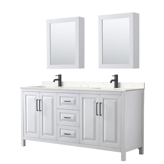 Wyndham Collection Daria 72" Double Bathroom Vanity in White, Carrara Cultured Marble Countertop, Undermount Square Sinks, Matte Black Trim, Medicine Cabinets