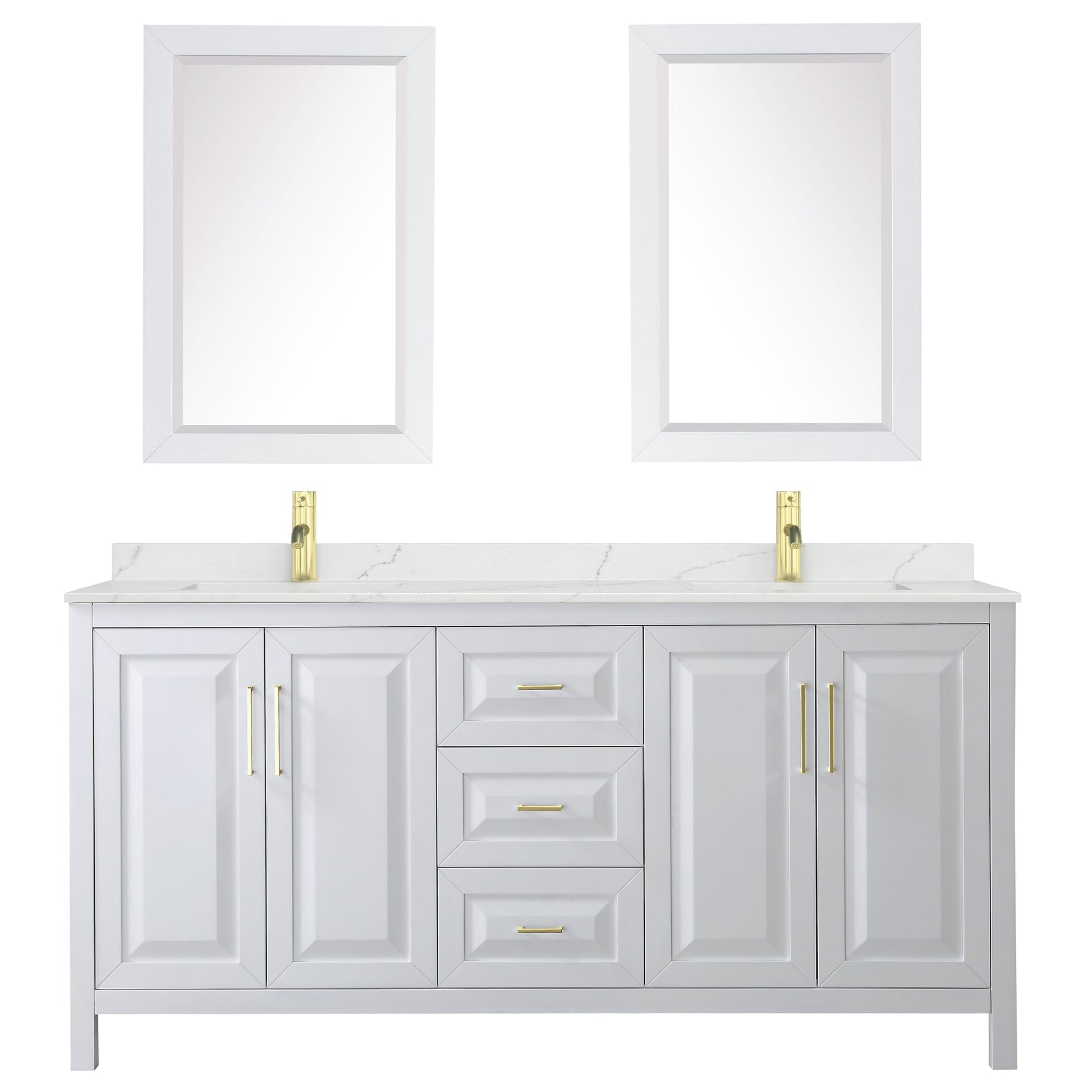 Wyndham Collection Daria 72" Double Bathroom Vanity in White, Giotto Quartz Countertop, Undermount Square Sinks (1-Hole), Brushed Gold Trim, 24" Mirrors