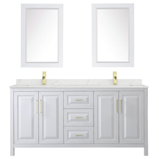 Wyndham Collection Daria 72" Double Bathroom Vanity in White, Giotto Quartz Countertop, Undermount Square Sinks (1-Hole), Brushed Gold Trim, 24" Mirrors