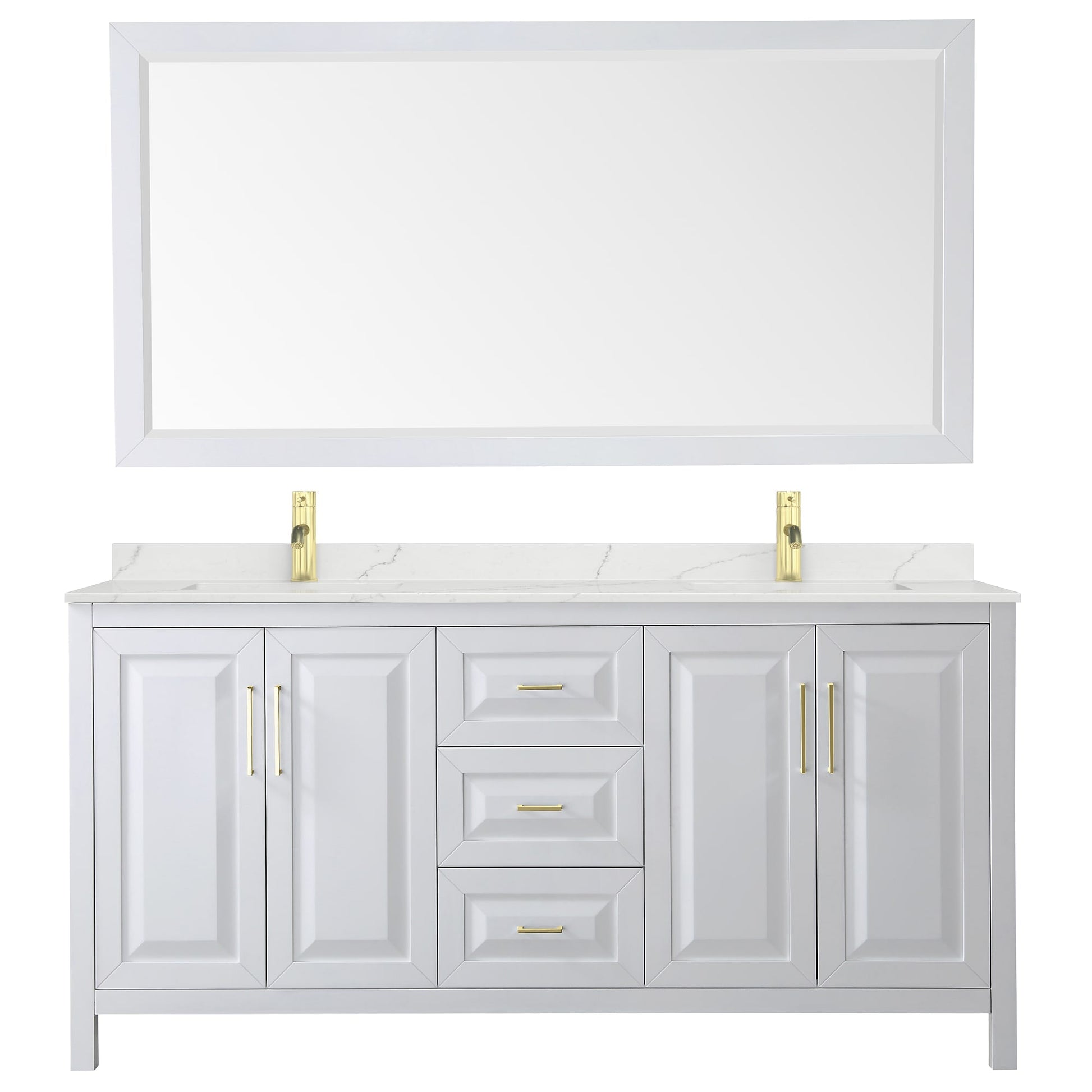 Wyndham Collection Daria 72" Double Bathroom Vanity in White, Giotto Quartz Countertop, Undermount Square Sinks (1-Hole), Brushed Gold Trim, 70" Mirror
