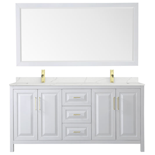 Wyndham Collection Daria 72" Double Bathroom Vanity in White, Giotto Quartz Countertop, Undermount Square Sinks (1-Hole), Brushed Gold Trim, 70" Mirror