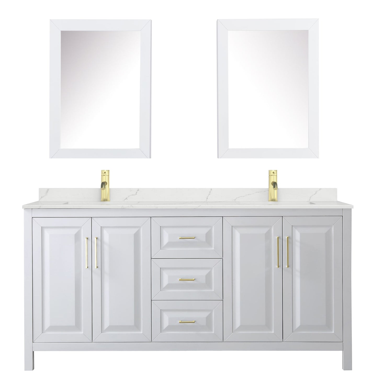 Wyndham Collection Daria 72" Double Bathroom Vanity in White, Giotto Quartz Countertop, Undermount Square Sinks (1-Hole), Brushed Gold Trim, Medicine Cabinets