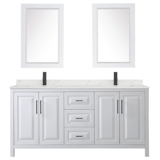 Wyndham Collection Daria 72" Double Bathroom Vanity in White, Giotto Quartz Countertop, Undermount Square Sinks (1-Hole), Matte Black Trim, 24" Mirrors