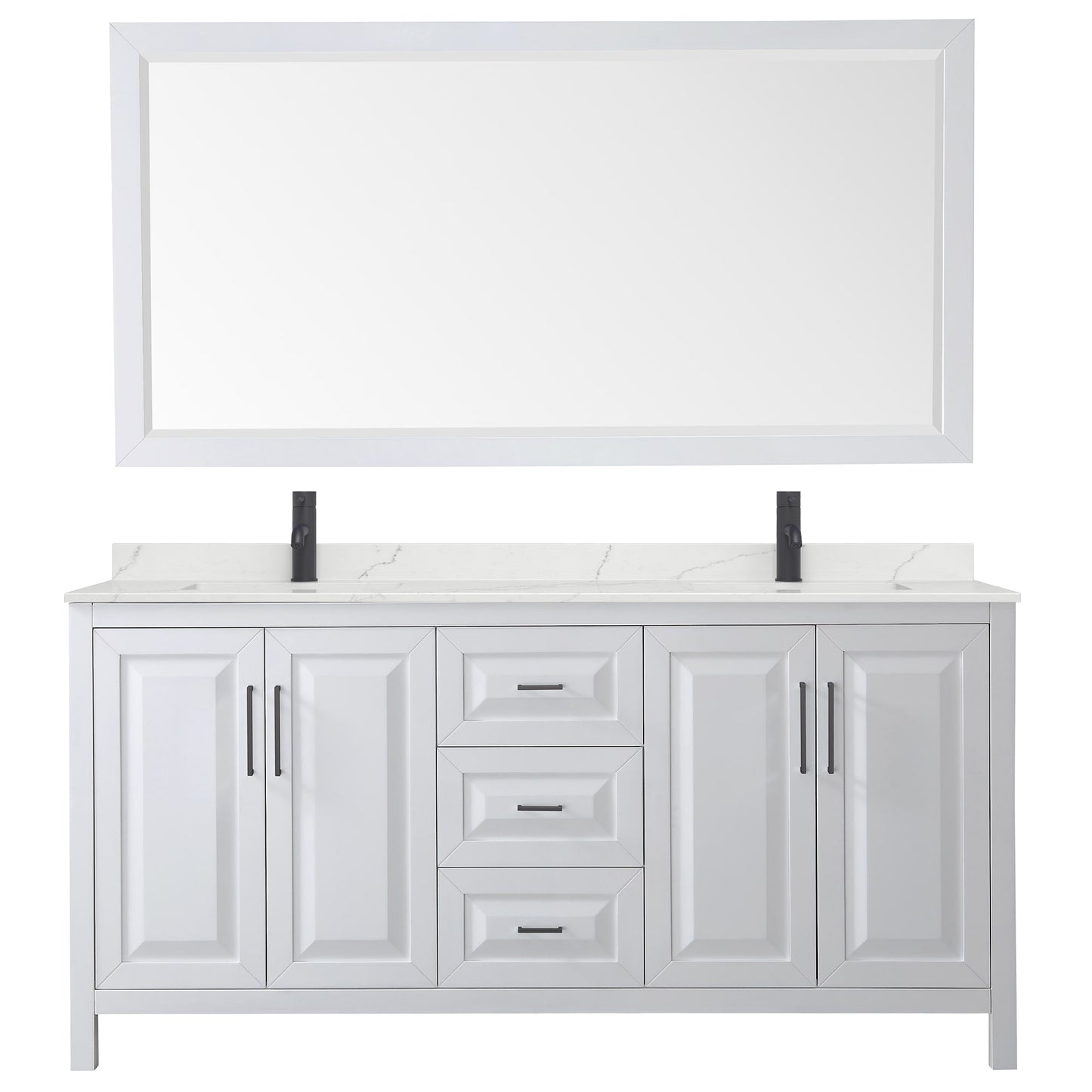 Wyndham Collection Daria 72" Double Bathroom Vanity in White, Giotto Quartz Countertop, Undermount Square Sinks (1-Hole), Matte Black Trim, 70" Mirror