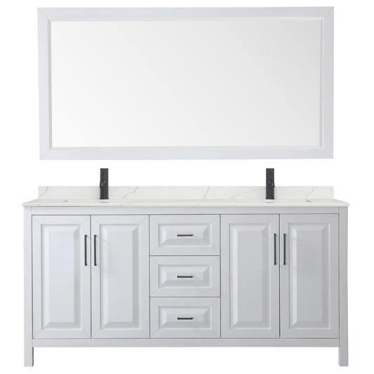 Wyndham Collection Daria 72" Double Bathroom Vanity in White, Giotto Quartz Countertop, Undermount Square Sinks (1-Hole), Matte Black Trim, 70" Mirror
