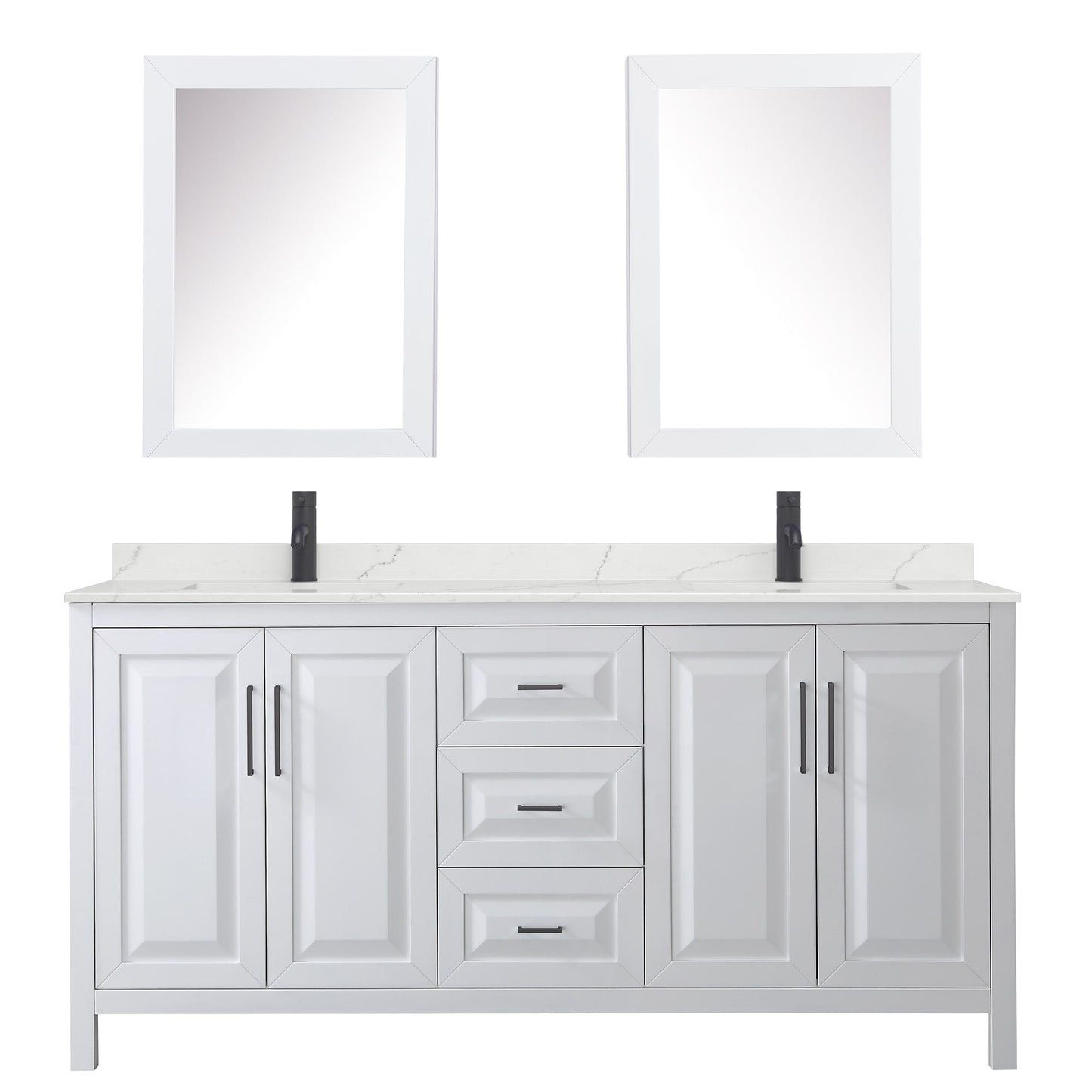 Wyndham Collection Daria 72" Double Bathroom Vanity in White, Giotto Quartz Countertop, Undermount Square Sinks (1-Hole), Matte Black Trim, Medicine Cabinets