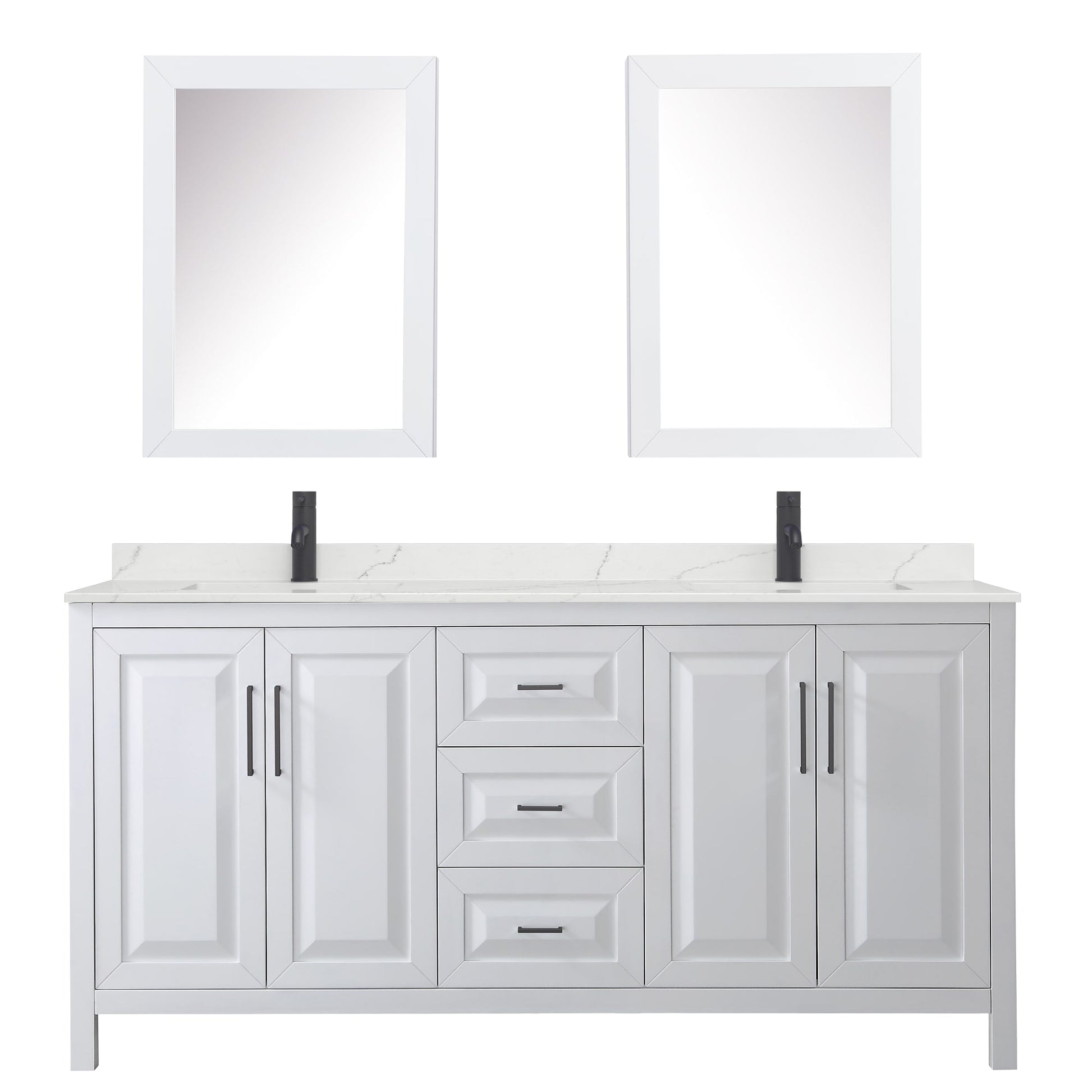 Wyndham Collection Daria 72" Double Bathroom Vanity in White, Giotto Quartz Countertop, Undermount Square Sinks (1-Hole), Matte Black Trim, Medicine Cabinets