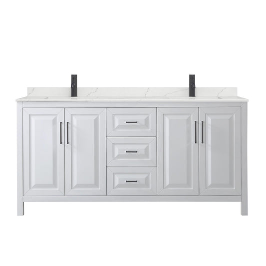 Wyndham Collection Daria 72" Double Bathroom Vanity in White, Giotto Quartz Countertop, Undermount Square Sinks (1-Hole), Matte Black Trim