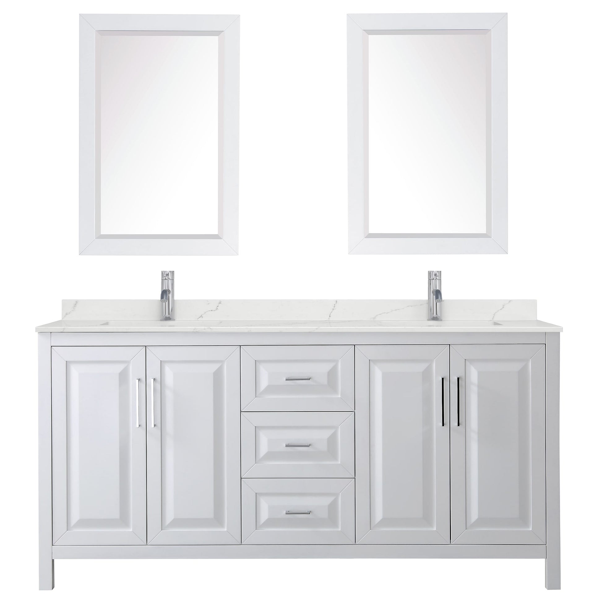 Wyndham Collection Daria 72" Double Bathroom Vanity in White, Giotto Quartz Countertop, Undermount Square Sinks (1-Hole), Polished Chrome Trim, 24" Mirrors