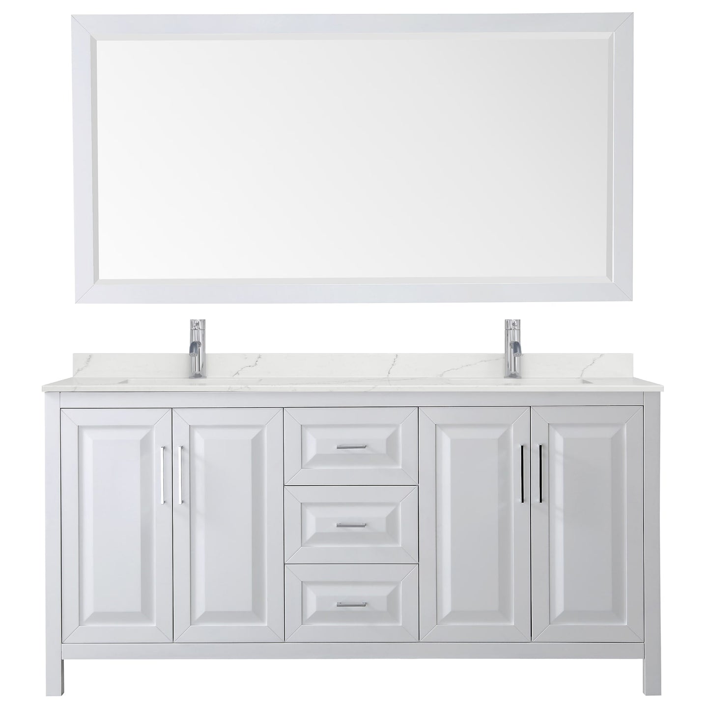Wyndham Collection Daria 72" Double Bathroom Vanity in White, Giotto Quartz Countertop, Undermount Square Sinks (1-Hole), Polished Chrome Trim, 70" Mirror