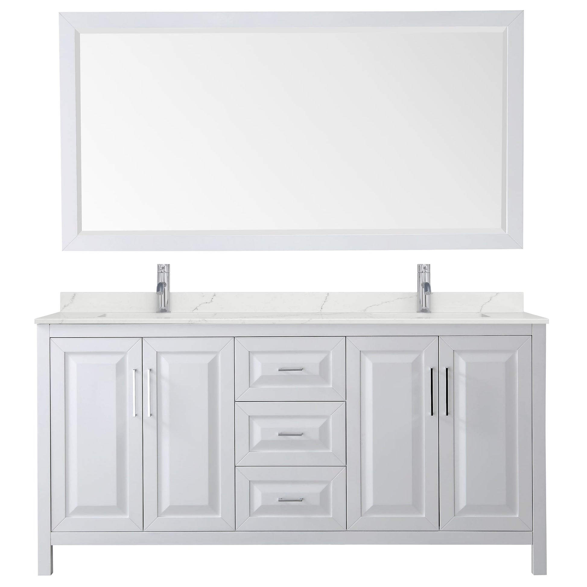 Wyndham Collection Daria 72" Double Bathroom Vanity in White, Giotto Quartz Countertop, Undermount Square Sinks (1-Hole), Polished Chrome Trim, 70" Mirror