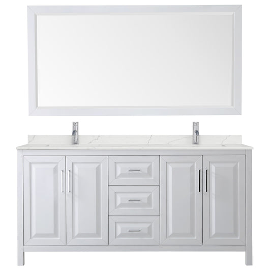 Wyndham Collection Daria 72" Double Bathroom Vanity in White, Giotto Quartz Countertop, Undermount Square Sinks (1-Hole), Polished Chrome Trim, 70" Mirror