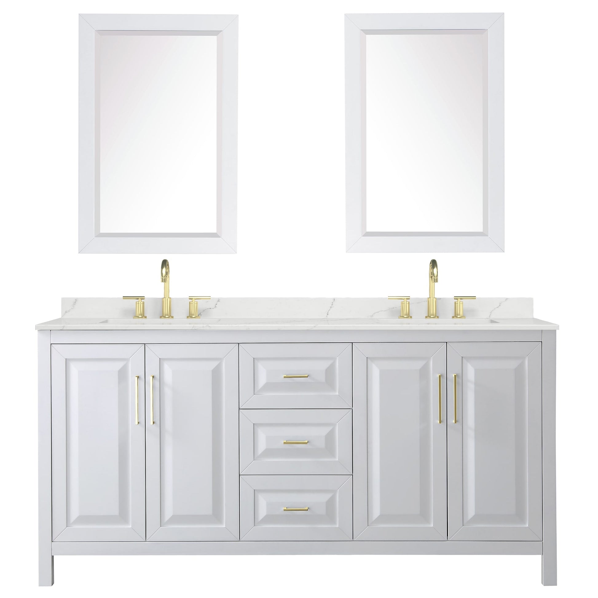 Wyndham Collection Daria 72" Double Bathroom Vanity in White, Giotto Quartz Countertop, Undermount Square Sinks (3-Hole), Brushed Gold Trim, 24" Mirrors