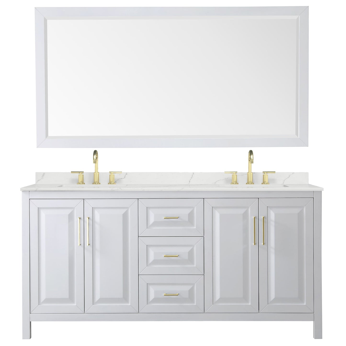 Wyndham Collection Daria 72" Double Bathroom Vanity in White, Giotto Quartz Countertop, Undermount Square Sinks (3-Hole), Brushed Gold Trim, 70" Mirror