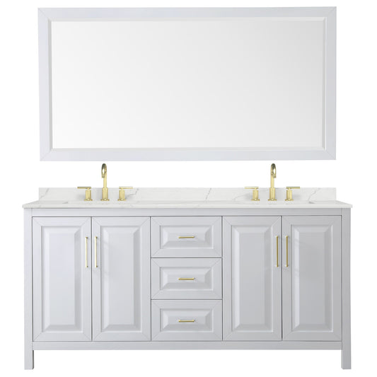 Wyndham Collection Daria 72" Double Bathroom Vanity in White, Giotto Quartz Countertop, Undermount Square Sinks (3-Hole), Brushed Gold Trim, 70" Mirror