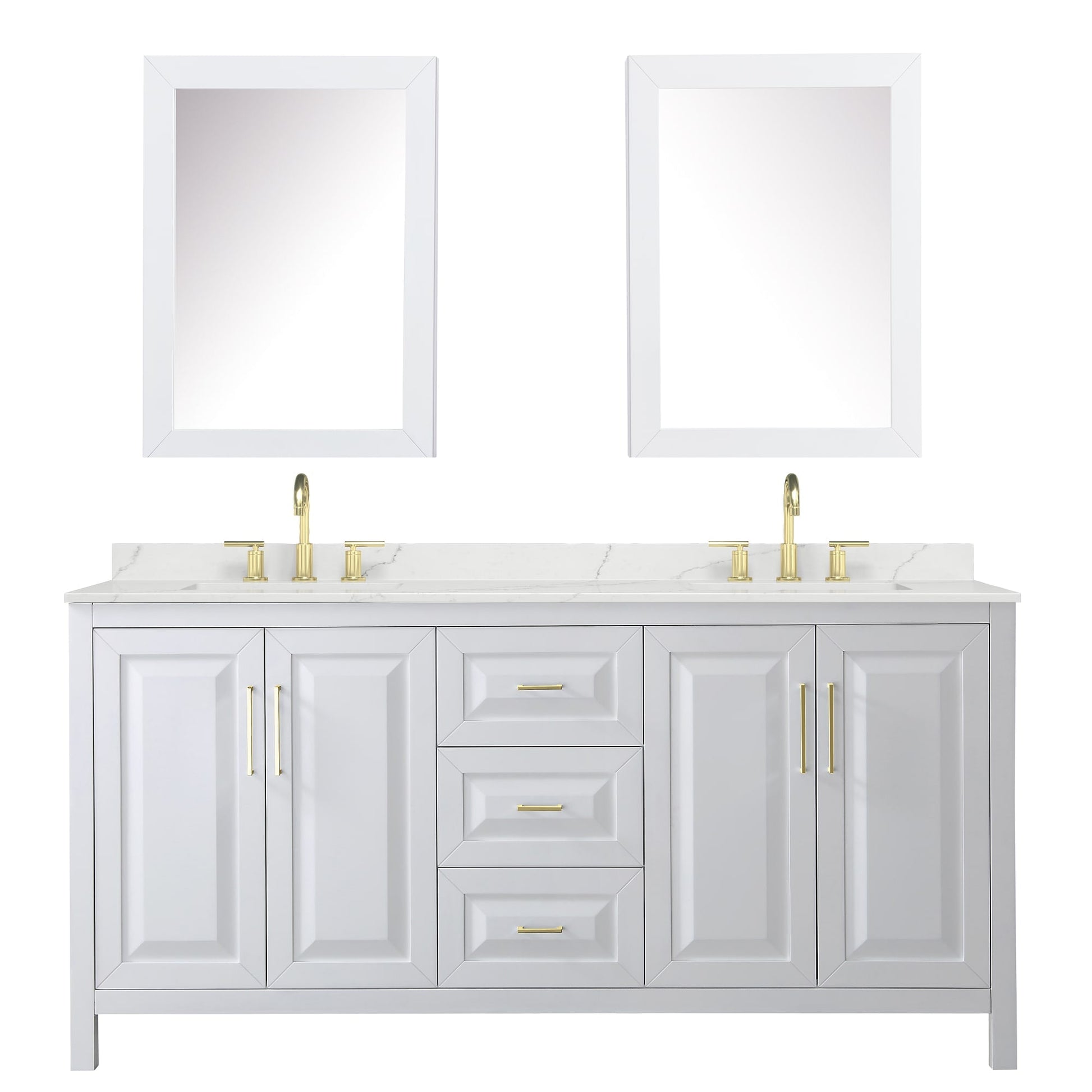 Wyndham Collection Daria 72" Double Bathroom Vanity in White, Giotto Quartz Countertop, Undermount Square Sinks (3-Hole), Brushed Gold Trim, Medicine Cabinets