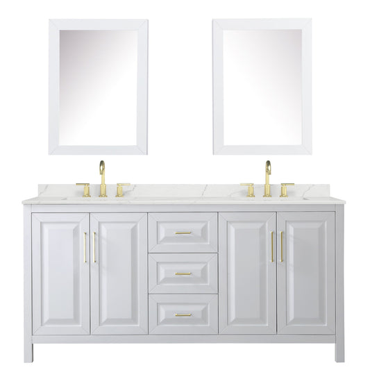 Wyndham Collection Daria 72" Double Bathroom Vanity in White, Giotto Quartz Countertop, Undermount Square Sinks (3-Hole), Brushed Gold Trim, Medicine Cabinets