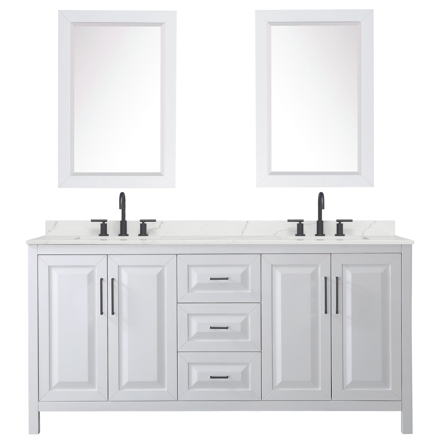 Wyndham Collection Daria 72" Double Bathroom Vanity in White, Giotto Quartz Countertop, Undermount Square Sinks (3-Hole), Matte Black Trim, 24" Mirrors