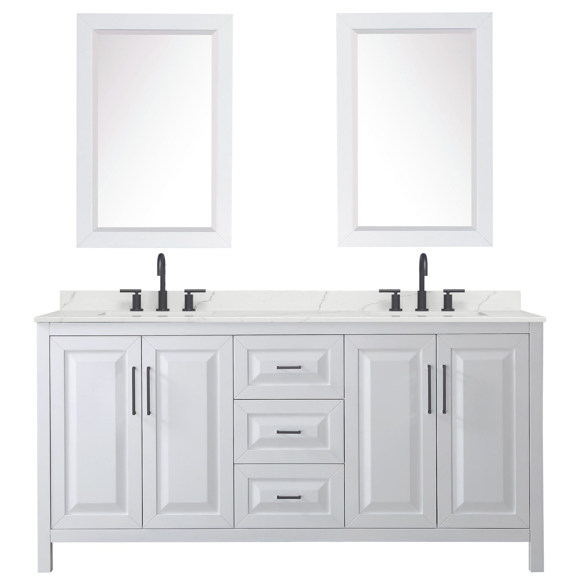 Wyndham Collection Daria 72" Double Bathroom Vanity in White, Giotto Quartz Countertop, Undermount Square Sinks (3-Hole), Matte Black Trim, 24" Mirrors