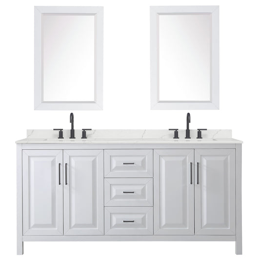 Wyndham Collection Daria 72" Double Bathroom Vanity in White, Giotto Quartz Countertop, Undermount Square Sinks (3-Hole), Matte Black Trim, 24" Mirrors