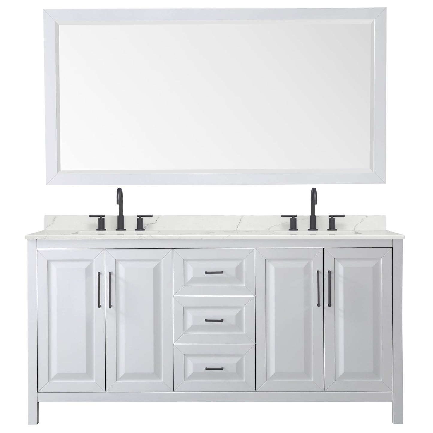 Wyndham Collection Daria 72" Double Bathroom Vanity in White, Giotto Quartz Countertop, Undermount Square Sinks (3-Hole), Matte Black Trim, 70" Mirror
