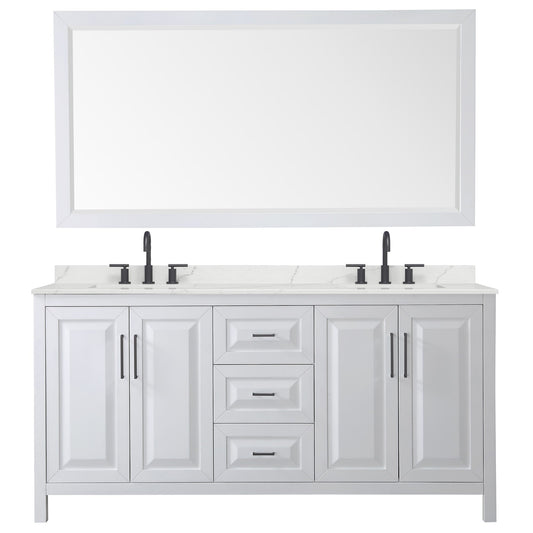 Wyndham Collection Daria 72" Double Bathroom Vanity in White, Giotto Quartz Countertop, Undermount Square Sinks (3-Hole), Matte Black Trim, 70" Mirror