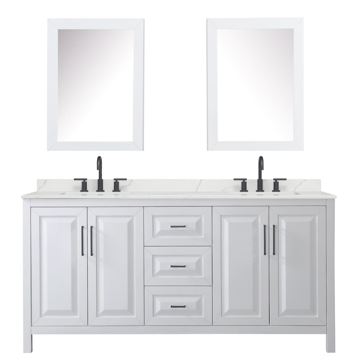 Wyndham Collection Daria 72" Double Bathroom Vanity in White, Giotto Quartz Countertop, Undermount Square Sinks (3-Hole), Matte Black Trim, Medicine Cabinets