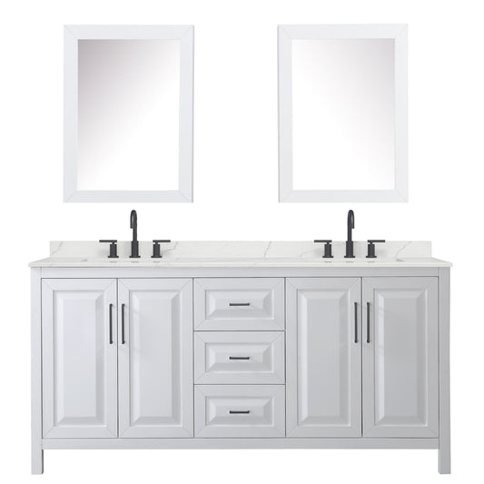Wyndham Collection Daria 72" Double Bathroom Vanity in White, Giotto Quartz Countertop, Undermount Square Sinks (3-Hole), Matte Black Trim, Medicine Cabinets
