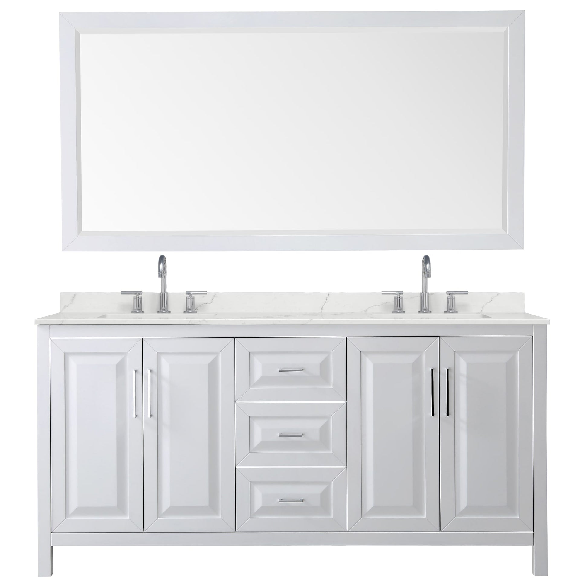 Wyndham Collection Daria 72" Double Bathroom Vanity in White, Giotto Quartz Countertop, Undermount Square Sinks (3-Hole), Polished Chrome Trim, 70" Mirror