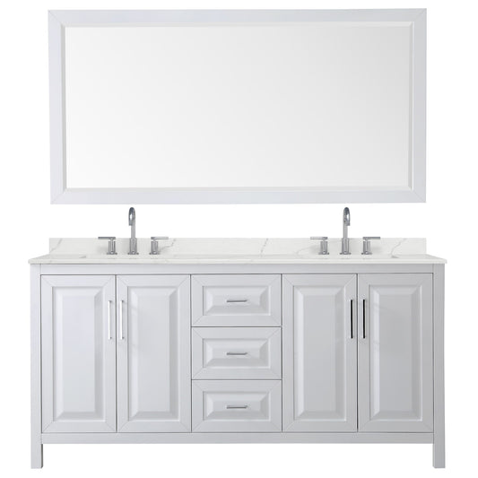 Wyndham Collection Daria 72" Double Bathroom Vanity in White, Giotto Quartz Countertop, Undermount Square Sinks (3-Hole), Polished Chrome Trim, 70" Mirror