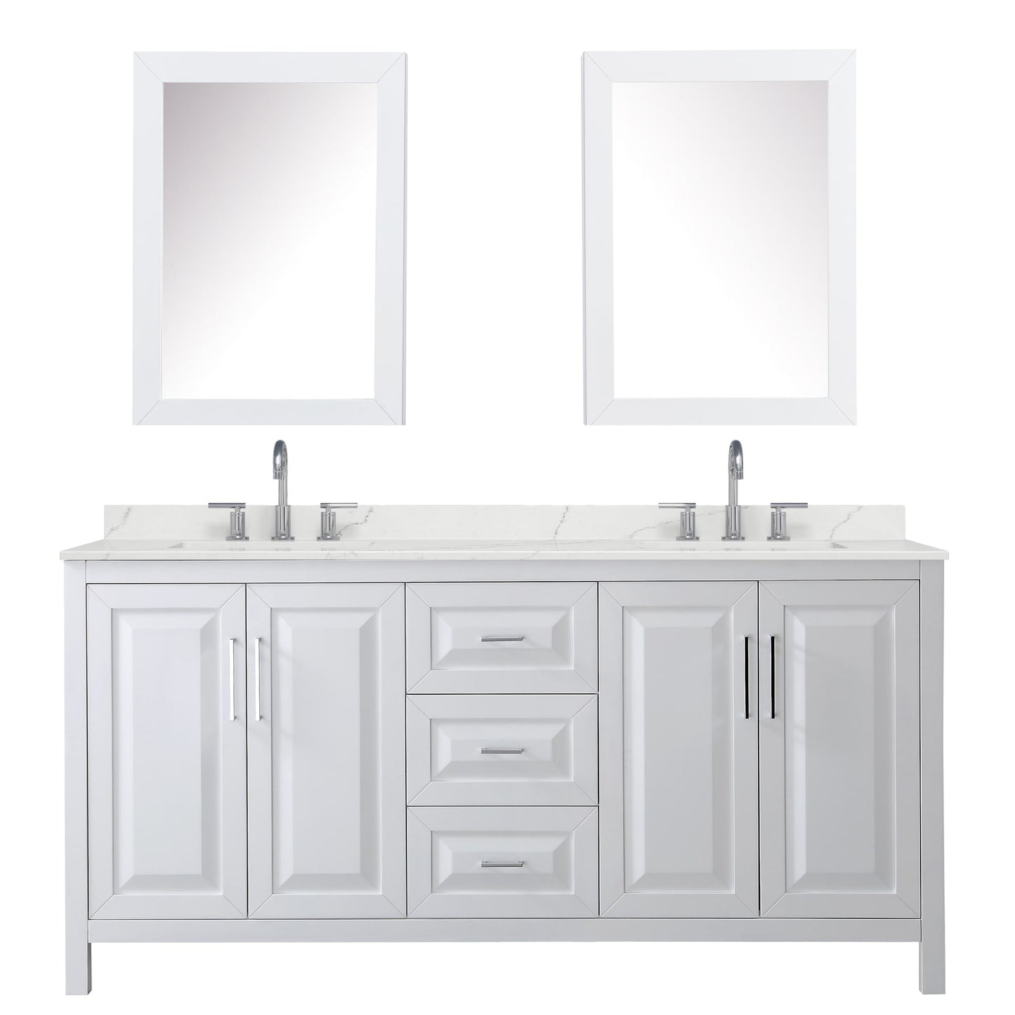 Wyndham Collection Daria 72" Double Bathroom Vanity in White, Giotto Quartz Countertop, Undermount Square Sinks (3-Hole), Polished Chrome Trim, Medicine Cabinets
