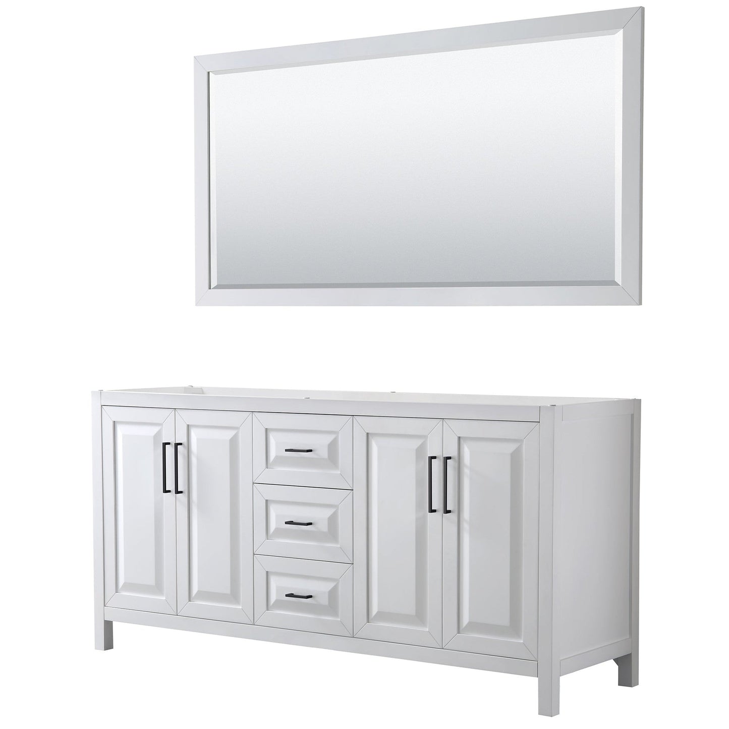 Wyndham Collection Daria 72" Double Bathroom Vanity in White, No Countertop, No Sink, Matte Black Trim, 70" Mirror