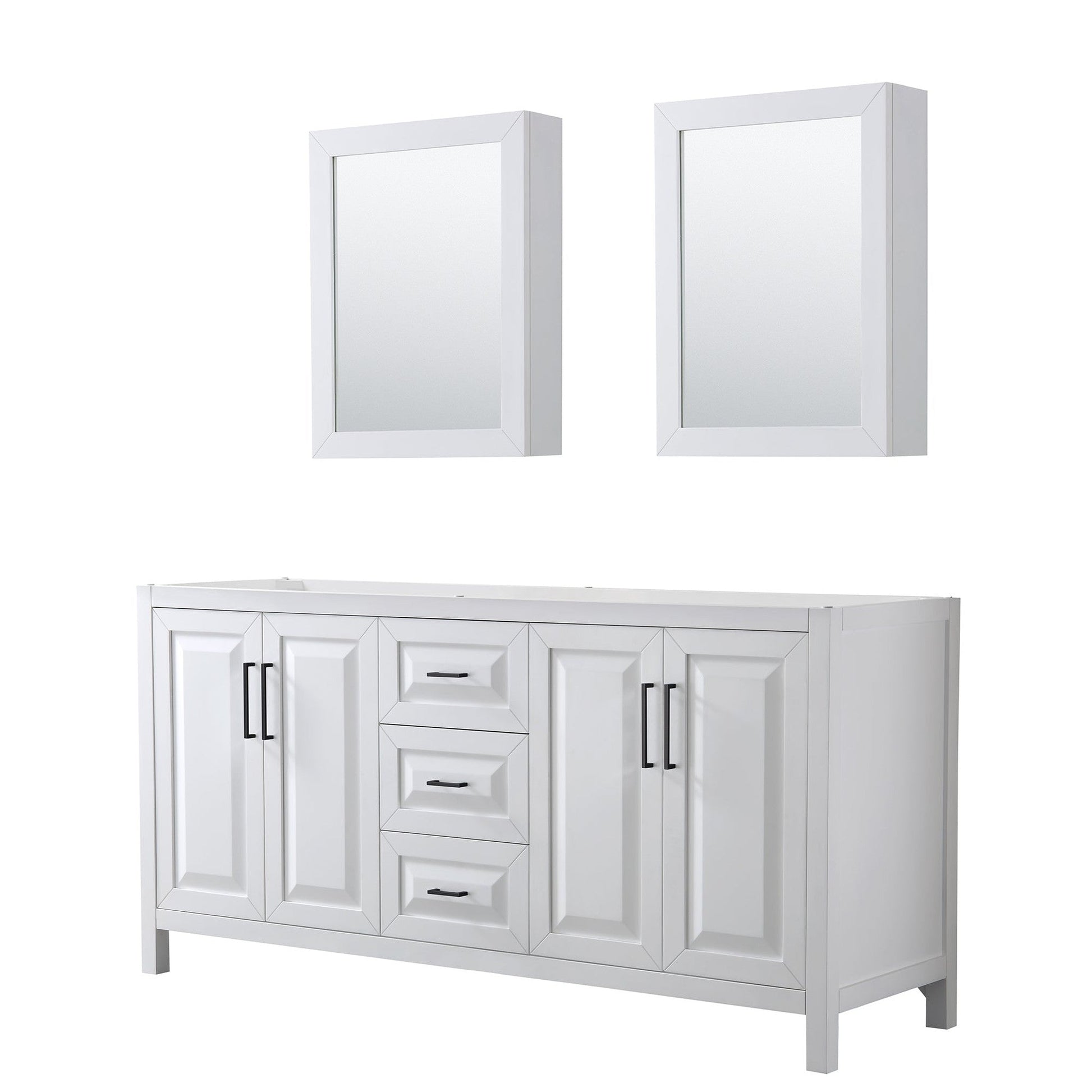 Wyndham Collection Daria 72" Double Bathroom Vanity in White, No Countertop, No Sink, Matte Black Trim, Medicine Cabinets