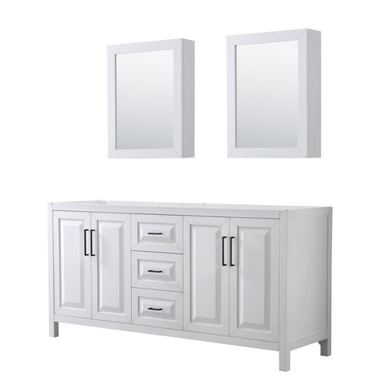Wyndham Collection Daria 72" Double Bathroom Vanity in White, No Countertop, No Sink, Matte Black Trim, Medicine Cabinets