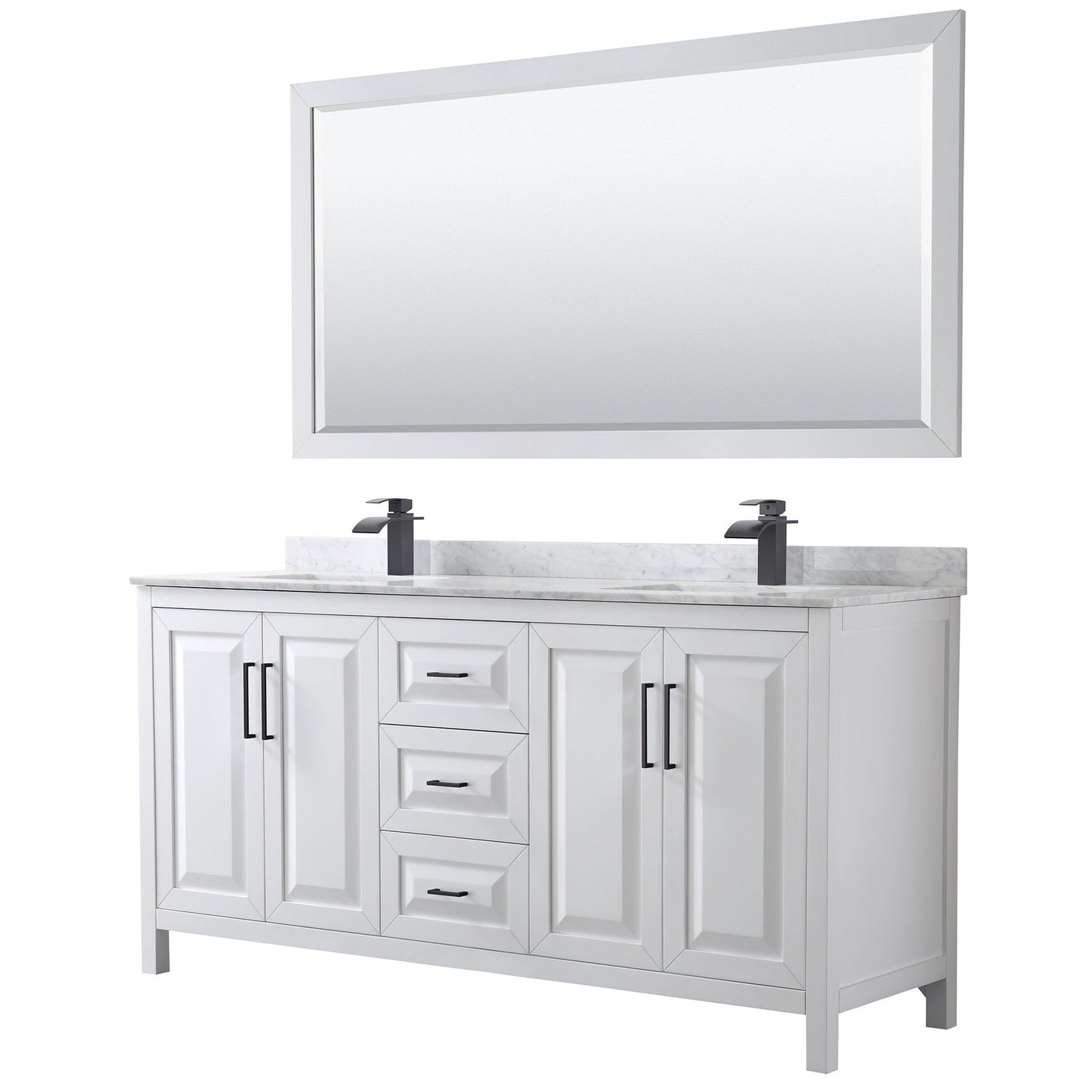 Wyndham Collection Daria 72" Double Bathroom Vanity in White, White Carrara Marble Countertop, Undermount Square Sinks, Matte Black Trim, 70" Mirror