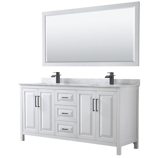 Wyndham Collection Daria 72" Double Bathroom Vanity in White, White Carrara Marble Countertop, Undermount Square Sinks, Matte Black Trim, 70" Mirror